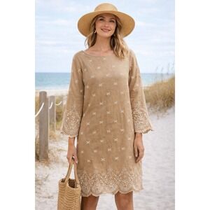 Sundance Women's Tan‎ Embroidered Shift Dress Small Cottagecore Coastal Neutral